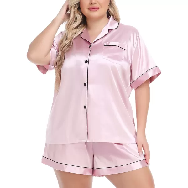 SWOMOG Womens Plus Size Pajama Set Silk Satin Pajamas Button Down Loungewear Short Sleeve Pjs 2 piece Sleepwear 1628WPink