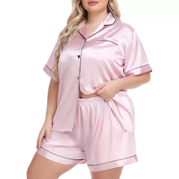 SWOMOG Womens Plus Size Pajama Set Silk Satin Pajamas Button Down Loungewear Short Sleeve Pjs 2 piece Sleepwear 1628WPink