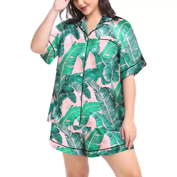 SWOMOG Womens Plus Size Pajama Set Silk Satin Pajamas Button Down Loungewear Short Sleeve Pjs 2 piece Sleepwear 1628WPink Leaves