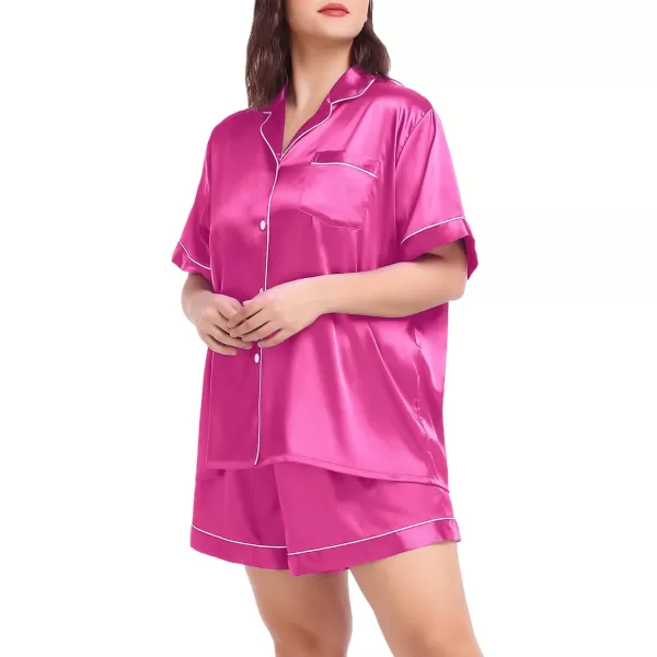 SWOMOG Womens Plus Size Pajama Set Silk Satin Pajamas Button Down Loungewear Short Sleeve Pjs 2 piece Sleepwear 1628WRose Red