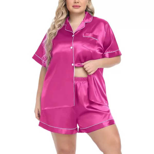 SWOMOG Womens Plus Size Pajama Set Silk Satin Pajamas Button Down Loungewear Short Sleeve Pjs 2 piece Sleepwear 1628WRose Red