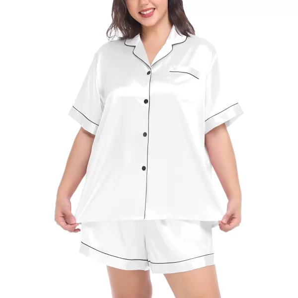 SWOMOG Womens Plus Size Pajama Set Silk Satin Pajamas Button Down Loungewear Short Sleeve Pjs 2 piece Sleepwear 1628WWhite