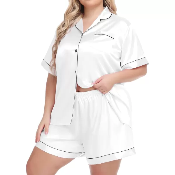 SWOMOG Womens Plus Size Pajama Set Silk Satin Pajamas Button Down Loungewear Short Sleeve Pjs 2 piece Sleepwear 1628WWhite