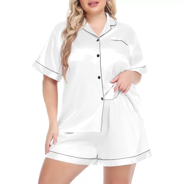 SWOMOG Womens Plus Size Pajama Set Silk Satin Pajamas Button Down Loungewear Short Sleeve Pjs 2 piece Sleepwear 1628WWhite