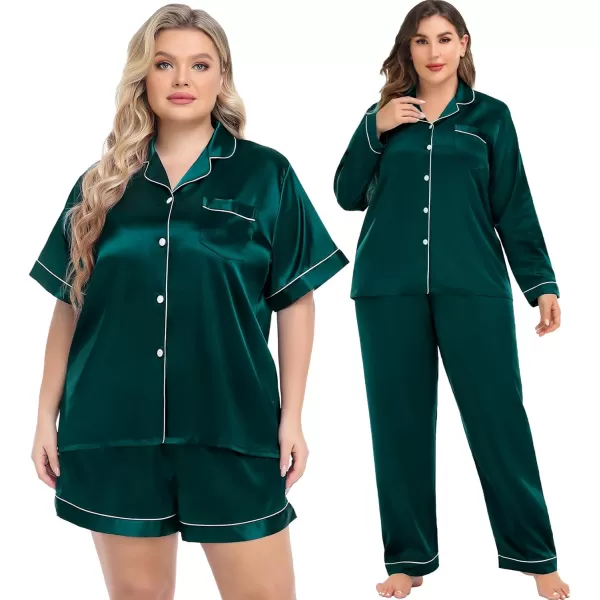 SWOMOG Womens Plus Size Pajama Sets Silk Satin 4 Pcs Pajamas Button Down Loungewear Silky Sleepwear Nightwear 16W26WDark Green