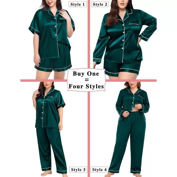 SWOMOG Womens Plus Size Pajama Sets Silk Satin 4 Pcs Pajamas Button Down Loungewear Silky Sleepwear Nightwear 16W26WDark Green