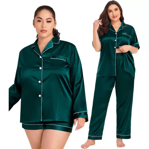 SWOMOG Womens Plus Size Pajama Sets Silk Satin 4 Pcs Pajamas Button Down Loungewear Silky Sleepwear Nightwear 16W26WDark Green