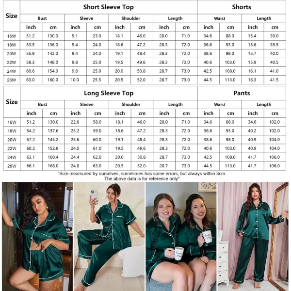 SWOMOG Womens Plus Size Pajama Sets Silk Satin 4 Pcs Pajamas Button Down Loungewear Silky Sleepwear Nightwear 16W26WDark Green