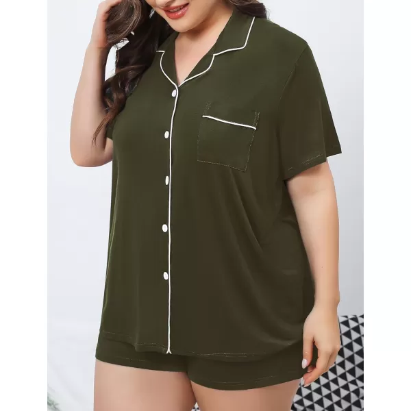 SWOMOG Womens Plus Size Pajamas Set Button Down Tops Short Sleeve Sleepwear Soft Pajama Shorts 2 Pcs Lounge Sets With PocketArmy Green