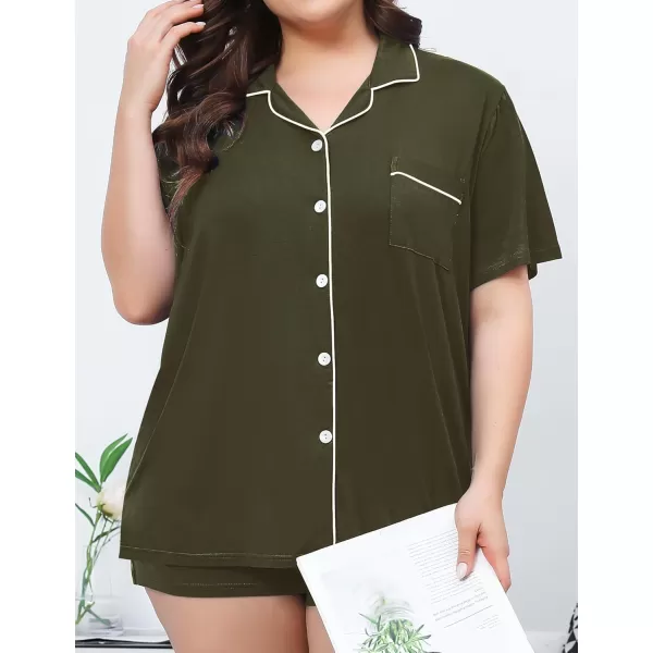 SWOMOG Womens Plus Size Pajamas Set Button Down Tops Short Sleeve Sleepwear Soft Pajama Shorts 2 Pcs Lounge Sets With PocketArmy Green