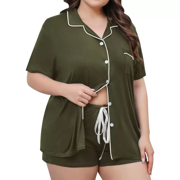 SWOMOG Womens Plus Size Pajamas Set Button Down Tops Short Sleeve Sleepwear Soft Pajama Shorts 2 Pcs Lounge Sets With PocketArmy Green