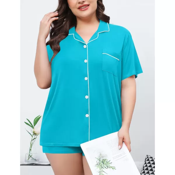 SWOMOG Womens Plus Size Pajamas Set Button Down Tops Short Sleeve Sleepwear Soft Pajama Shorts 2 Pcs Lounge Sets With PocketPeacock Blue