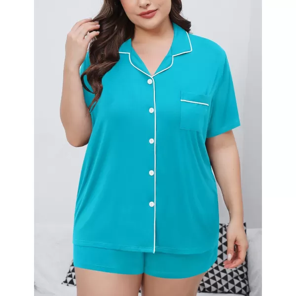 SWOMOG Womens Plus Size Pajamas Set Button Down Tops Short Sleeve Sleepwear Soft Pajama Shorts 2 Pcs Lounge Sets With PocketPeacock Blue