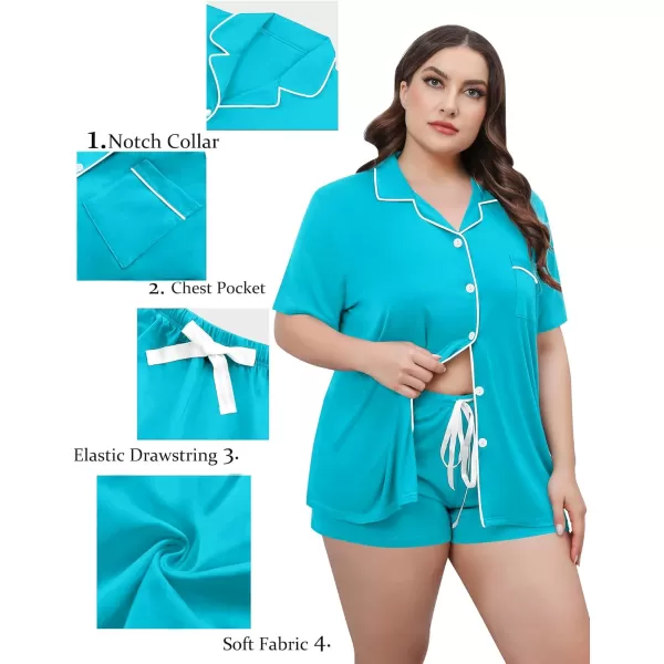 SWOMOG Womens Plus Size Pajamas Set Button Down Tops Short Sleeve Sleepwear Soft Pajama Shorts 2 Pcs Lounge Sets With PocketPeacock Blue