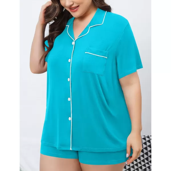 SWOMOG Womens Plus Size Pajamas Set Button Down Tops Short Sleeve Sleepwear Soft Pajama Shorts 2 Pcs Lounge Sets With PocketPeacock Blue