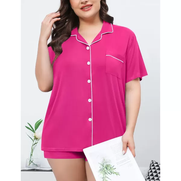 SWOMOG Womens Plus Size Pajamas Set Button Down Tops Short Sleeve Sleepwear Soft Pajama Shorts 2 Pcs Lounge Sets With PocketRose Red