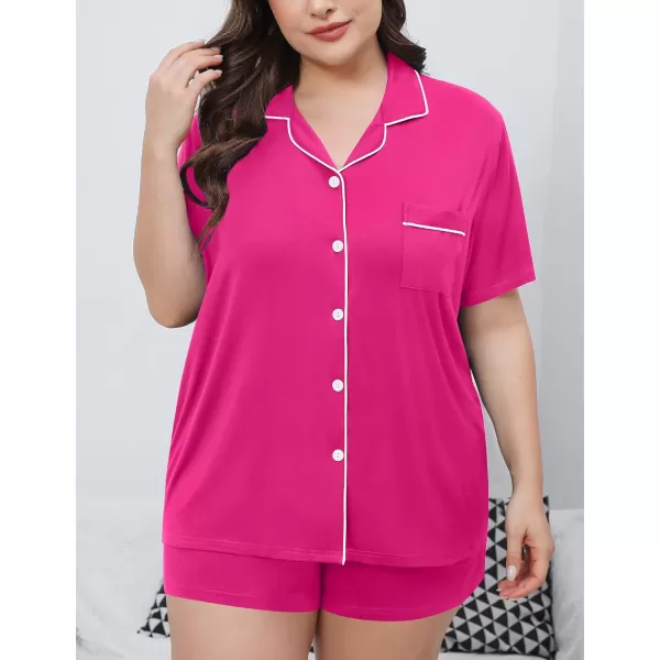 SWOMOG Womens Plus Size Pajamas Set Button Down Tops Short Sleeve Sleepwear Soft Pajama Shorts 2 Pcs Lounge Sets With PocketRose Red