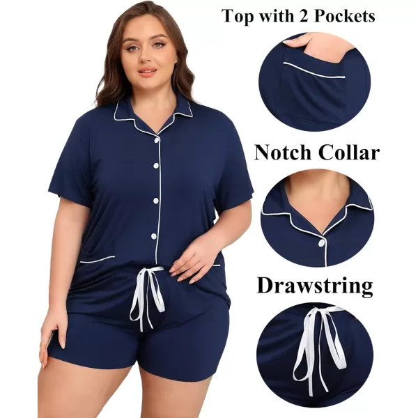 SWOMOG Womens Plus Size Pajamas Set Button Down Tops Short Sleeve Sleepwear Soft Pajama Shorts 2 Pcs Lounge Sets With PocketTwo Pocketsberry Blue