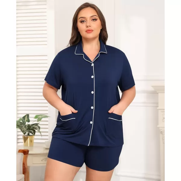 SWOMOG Womens Plus Size Pajamas Set Button Down Tops Short Sleeve Sleepwear Soft Pajama Shorts 2 Pcs Lounge Sets With PocketTwo Pocketsberry Blue