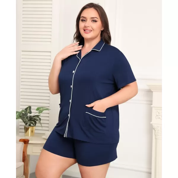 SWOMOG Womens Plus Size Pajamas Set Button Down Tops Short Sleeve Sleepwear Soft Pajama Shorts 2 Pcs Lounge Sets With PocketTwo Pocketsberry Blue