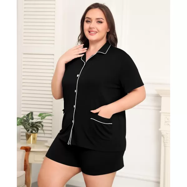 SWOMOG Womens Plus Size Pajamas Set Button Down Tops Short Sleeve Sleepwear Soft Pajama Shorts 2 Pcs Lounge Sets With PocketTwo Pocketscarbon Black