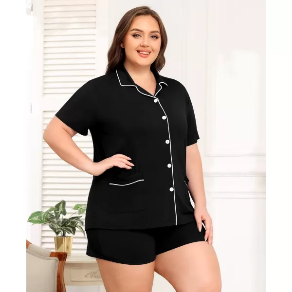 SWOMOG Womens Plus Size Pajamas Set Button Down Tops Short Sleeve Sleepwear Soft Pajama Shorts 2 Pcs Lounge Sets With PocketTwo Pocketscarbon Black