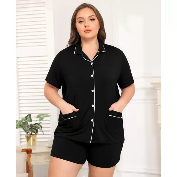 SWOMOG Womens Plus Size Pajamas Set Button Down Tops Short Sleeve Sleepwear Soft Pajama Shorts 2 Pcs Lounge Sets With PocketTwo Pocketscarbon Black