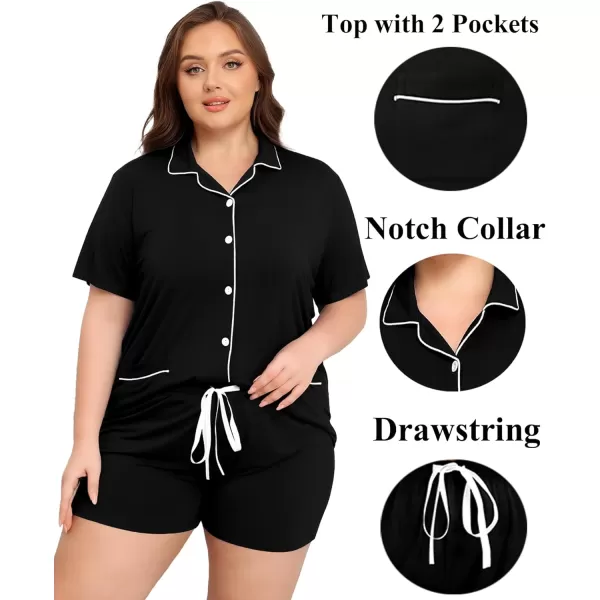 SWOMOG Womens Plus Size Pajamas Set Button Down Tops Short Sleeve Sleepwear Soft Pajama Shorts 2 Pcs Lounge Sets With PocketTwo Pocketscarbon Black