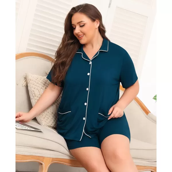 SWOMOG Womens Plus Size Pajamas Set Button Down Tops Short Sleeve Sleepwear Soft Pajama Shorts 2 Pcs Lounge Sets With PocketTwo Pocketscyan Blue