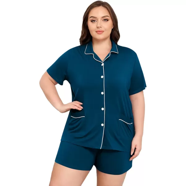 SWOMOG Womens Plus Size Pajamas Set Button Down Tops Short Sleeve Sleepwear Soft Pajama Shorts 2 Pcs Lounge Sets With PocketTwo Pocketscyan Blue
