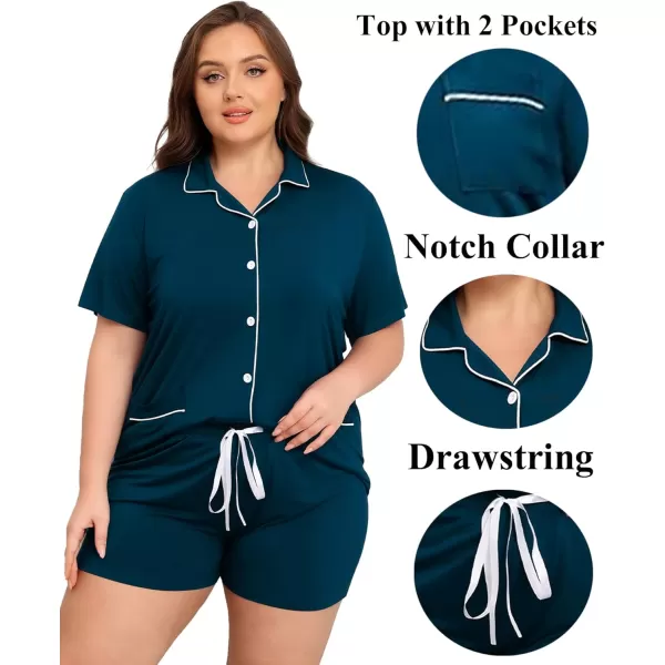 SWOMOG Womens Plus Size Pajamas Set Button Down Tops Short Sleeve Sleepwear Soft Pajama Shorts 2 Pcs Lounge Sets With PocketTwo Pocketscyan Blue