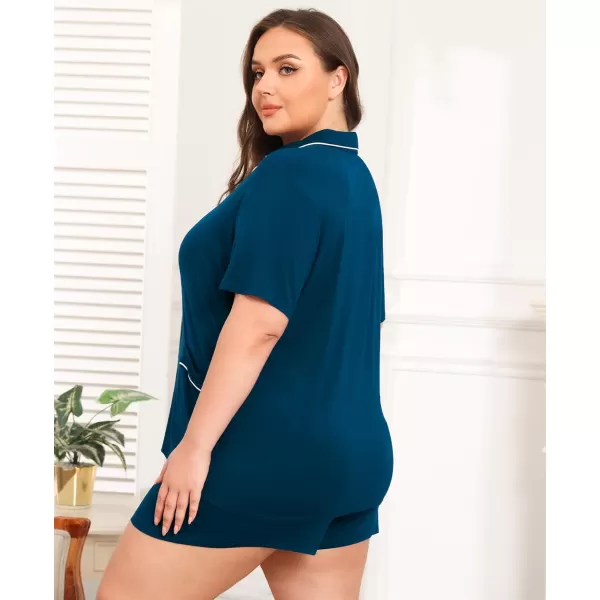 SWOMOG Womens Plus Size Pajamas Set Button Down Tops Short Sleeve Sleepwear Soft Pajama Shorts 2 Pcs Lounge Sets With PocketTwo Pocketscyan Blue