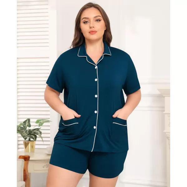 SWOMOG Womens Plus Size Pajamas Set Button Down Tops Short Sleeve Sleepwear Soft Pajama Shorts 2 Pcs Lounge Sets With PocketTwo Pocketscyan Blue