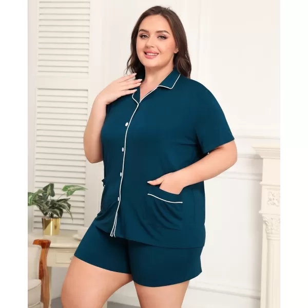 SWOMOG Womens Plus Size Pajamas Set Button Down Tops Short Sleeve Sleepwear Soft Pajama Shorts 2 Pcs Lounge Sets With PocketTwo Pocketscyan Blue
