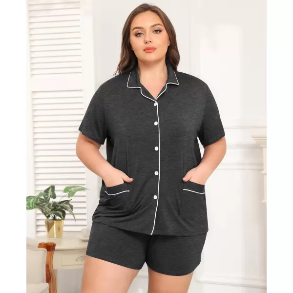 SWOMOG Womens Plus Size Pajamas Set Button Down Tops Short Sleeve Sleepwear Soft Pajama Shorts 2 Pcs Lounge Sets With PocketTwo Pocketsdark Gray