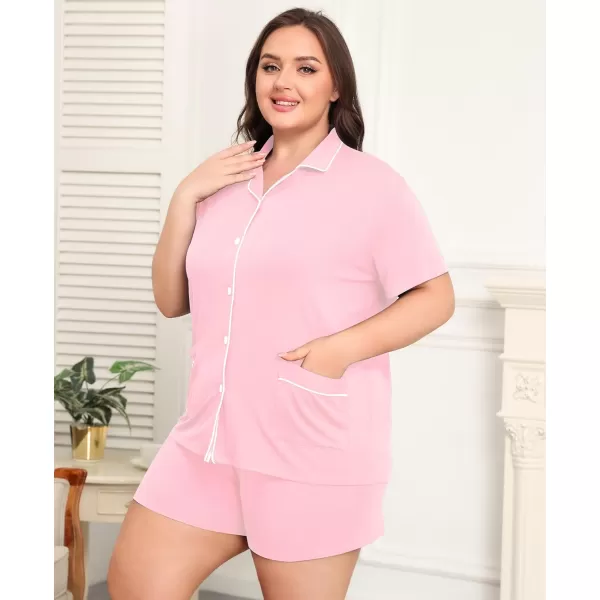 SWOMOG Womens Plus Size Pajamas Set Button Down Tops Short Sleeve Sleepwear Soft Pajama Shorts 2 Pcs Lounge Sets With PocketTwo Pocketslight Pink