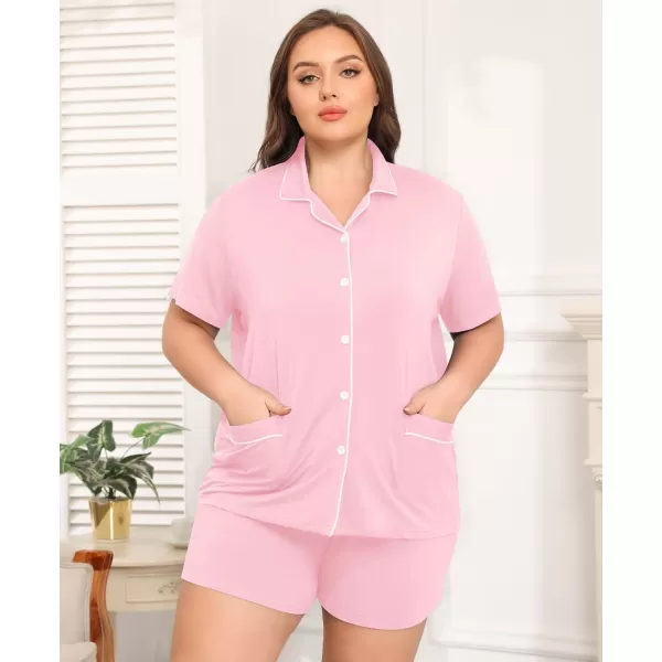 SWOMOG Womens Plus Size Pajamas Set Button Down Tops Short Sleeve Sleepwear Soft Pajama Shorts 2 Pcs Lounge Sets With PocketTwo Pocketslight Pink