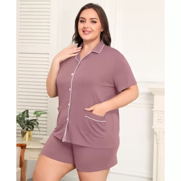 SWOMOG Womens Plus Size Pajamas Set Button Down Tops Short Sleeve Sleepwear Soft Pajama Shorts 2 Pcs Lounge Sets With PocketTwo Pocketslilac Purple