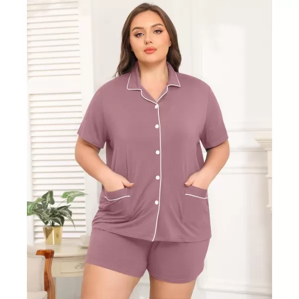 SWOMOG Womens Plus Size Pajamas Set Button Down Tops Short Sleeve Sleepwear Soft Pajama Shorts 2 Pcs Lounge Sets With PocketTwo Pocketslilac Purple