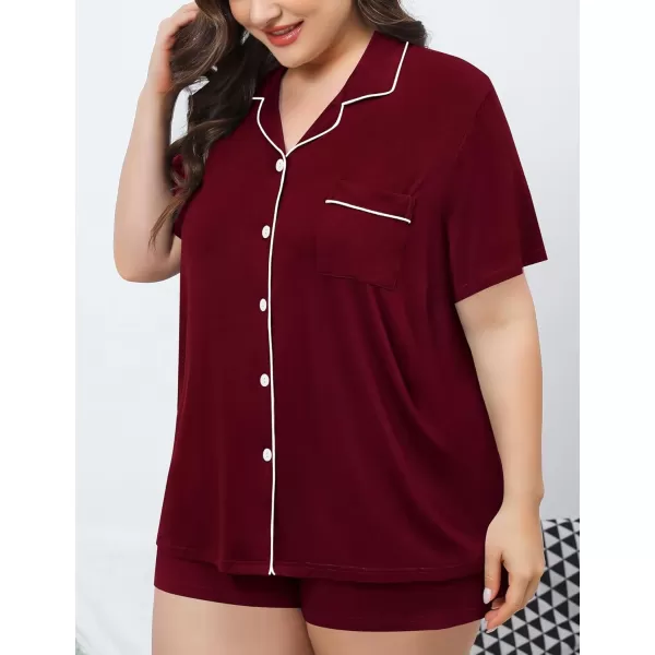 SWOMOG Womens Plus Size Pajamas Set Button Down Tops Short Sleeve Sleepwear Soft Pajama Shorts 2 Pcs Lounge Sets With PocketWine Red