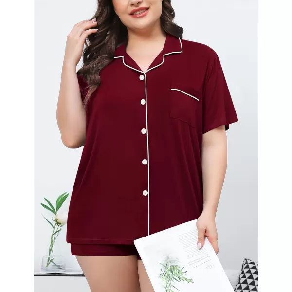 SWOMOG Womens Plus Size Pajamas Set Button Down Tops Short Sleeve Sleepwear Soft Pajama Shorts 2 Pcs Lounge Sets With PocketWine Red