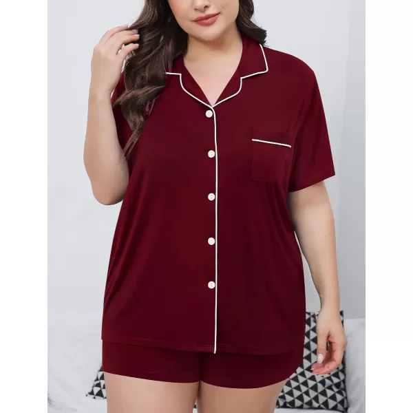 SWOMOG Womens Plus Size Pajamas Set Button Down Tops Short Sleeve Sleepwear Soft Pajama Shorts 2 Pcs Lounge Sets With PocketWine Red