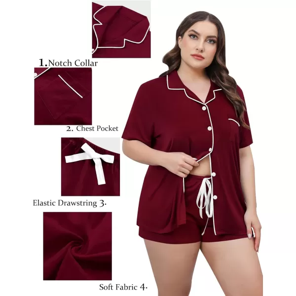 SWOMOG Womens Plus Size Pajamas Set Button Down Tops Short Sleeve Sleepwear Soft Pajama Shorts 2 Pcs Lounge Sets With PocketWine Red