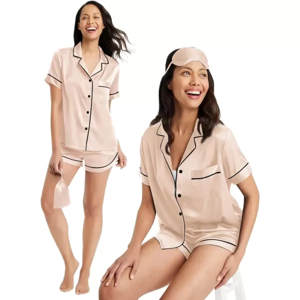 SWOMOG Womens Silk Satin Pajama Set Short Sleeve 2pc Pjs Button Down Sleepwear Loungewear with Eyes Mask  BagChampagne