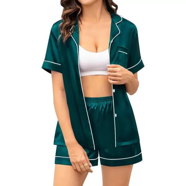 SWOMOG Womens Silk Satin Pajama Set Short Sleeve 2pc Pjs Button Down Sleepwear Loungewear with Eyes Mask  BagDark Green