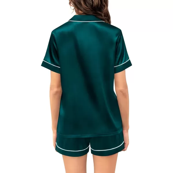 SWOMOG Womens Silk Satin Pajama Set Short Sleeve 2pc Pjs Button Down Sleepwear Loungewear with Eyes Mask  BagDark Green