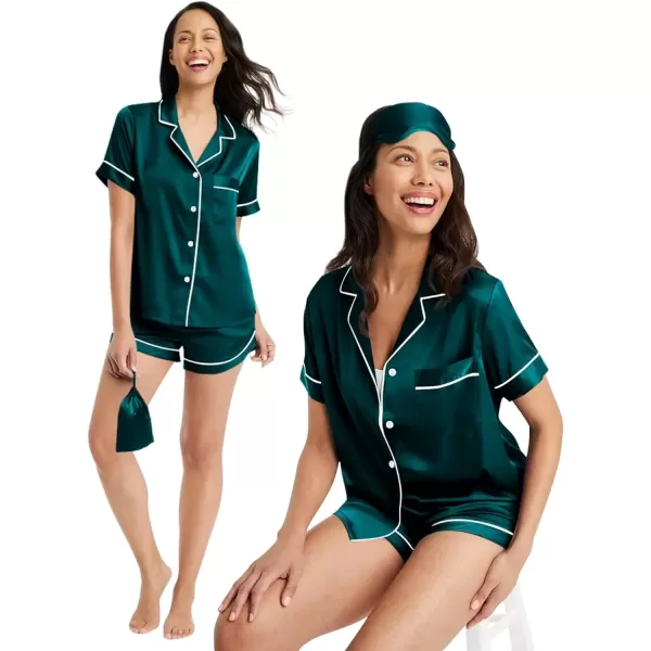 SWOMOG Womens Silk Satin Pajama Set Short Sleeve 2pc Pjs Button Down Sleepwear Loungewear with Eyes Mask  BagDark Green