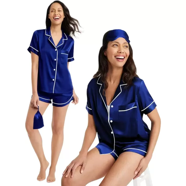 SWOMOG Womens Silk Satin Pajama Set Short Sleeve 2pc Pjs Button Down Sleepwear Loungewear with Eyes Mask  BagNavy Blue