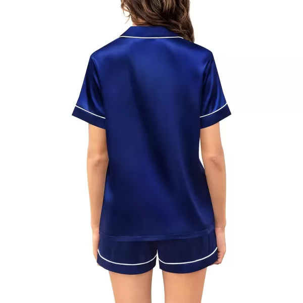 SWOMOG Womens Silk Satin Pajama Set Short Sleeve 2pc Pjs Button Down Sleepwear Loungewear with Eyes Mask  BagNavy Blue