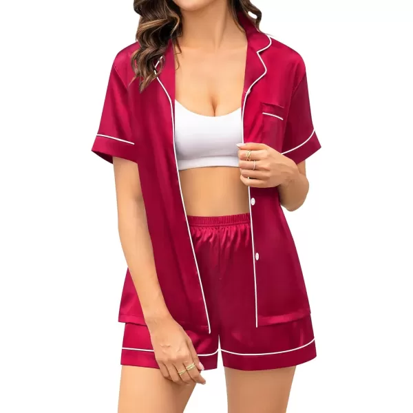 SWOMOG Womens Silk Satin Pajama Set Short Sleeve 2pc Pjs Button Down Sleepwear Loungewear with Eyes Mask  BagRed